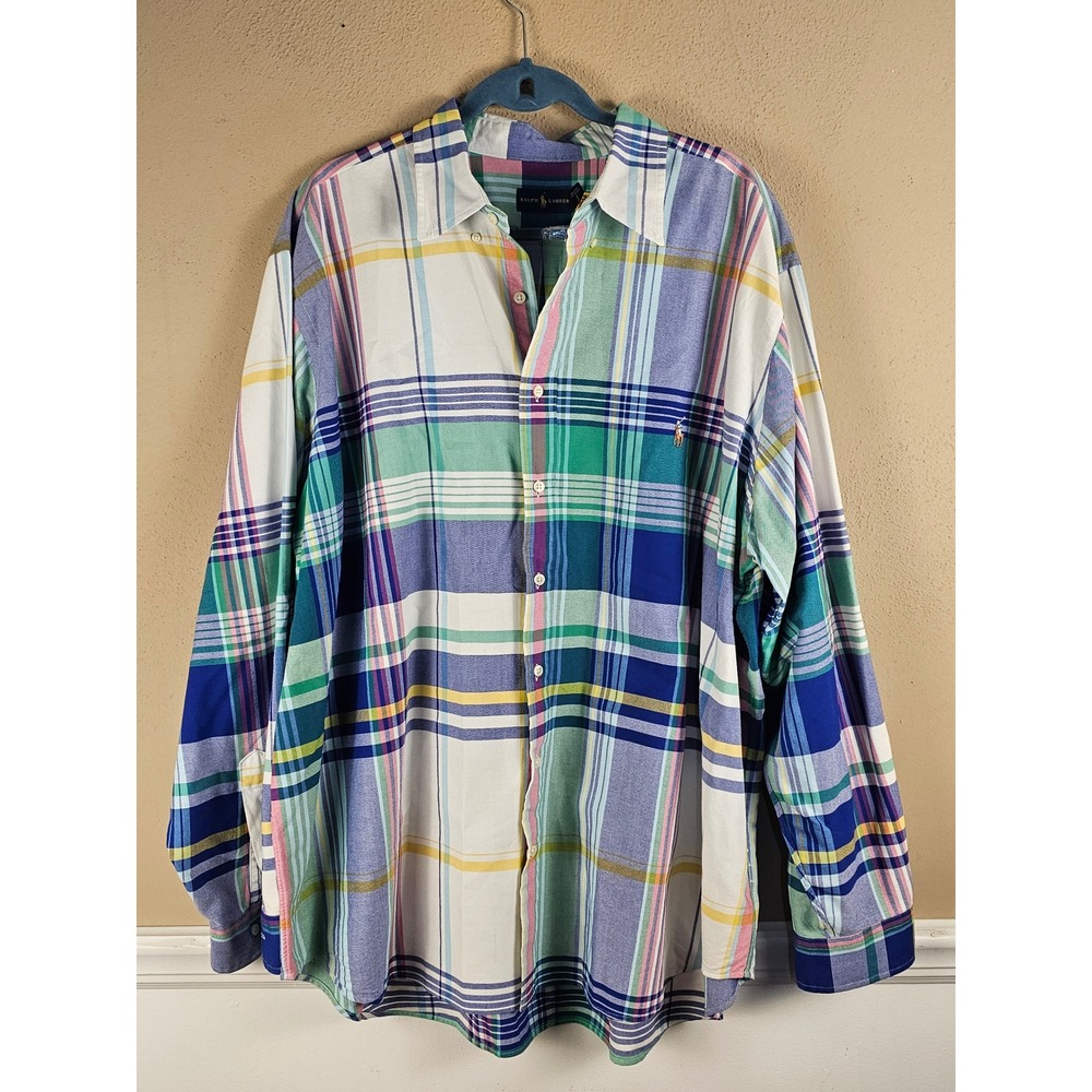 Ralph Lauren Mens Green White Blue Plaid Long Sleeve Button Down Shirt 2XB